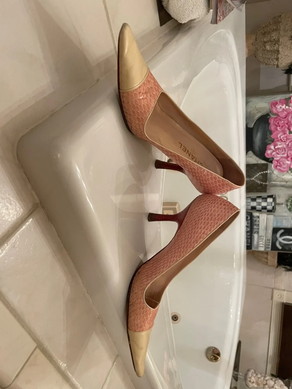 CHANEL Pink Textured Pumps with Cream Pointed Toe